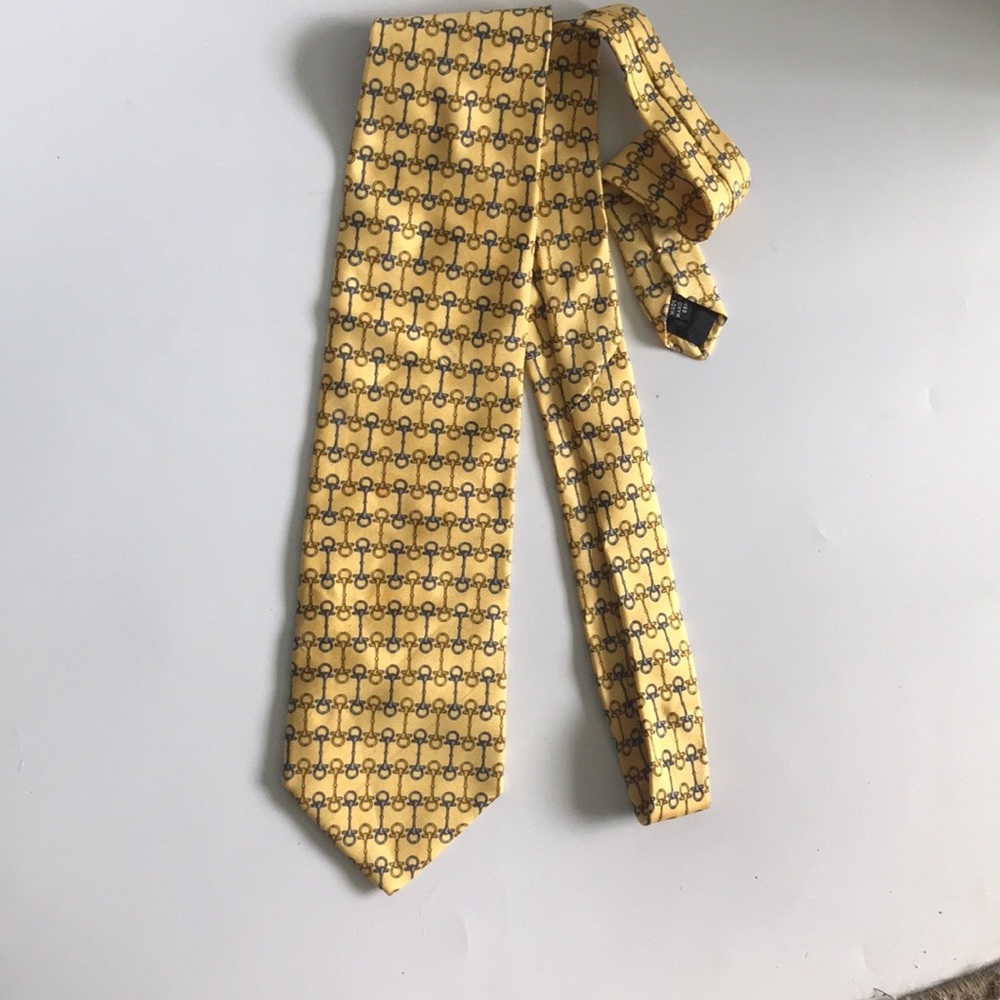 Vintage Paolo GUCCI Yellow Blue 100% Silk Tie Bag Lock Buckle Print Paolo Gucci